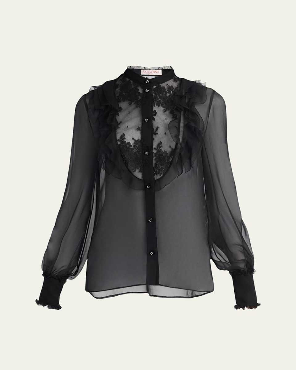 Ruffle Lace Sheer Chiffon Blouse